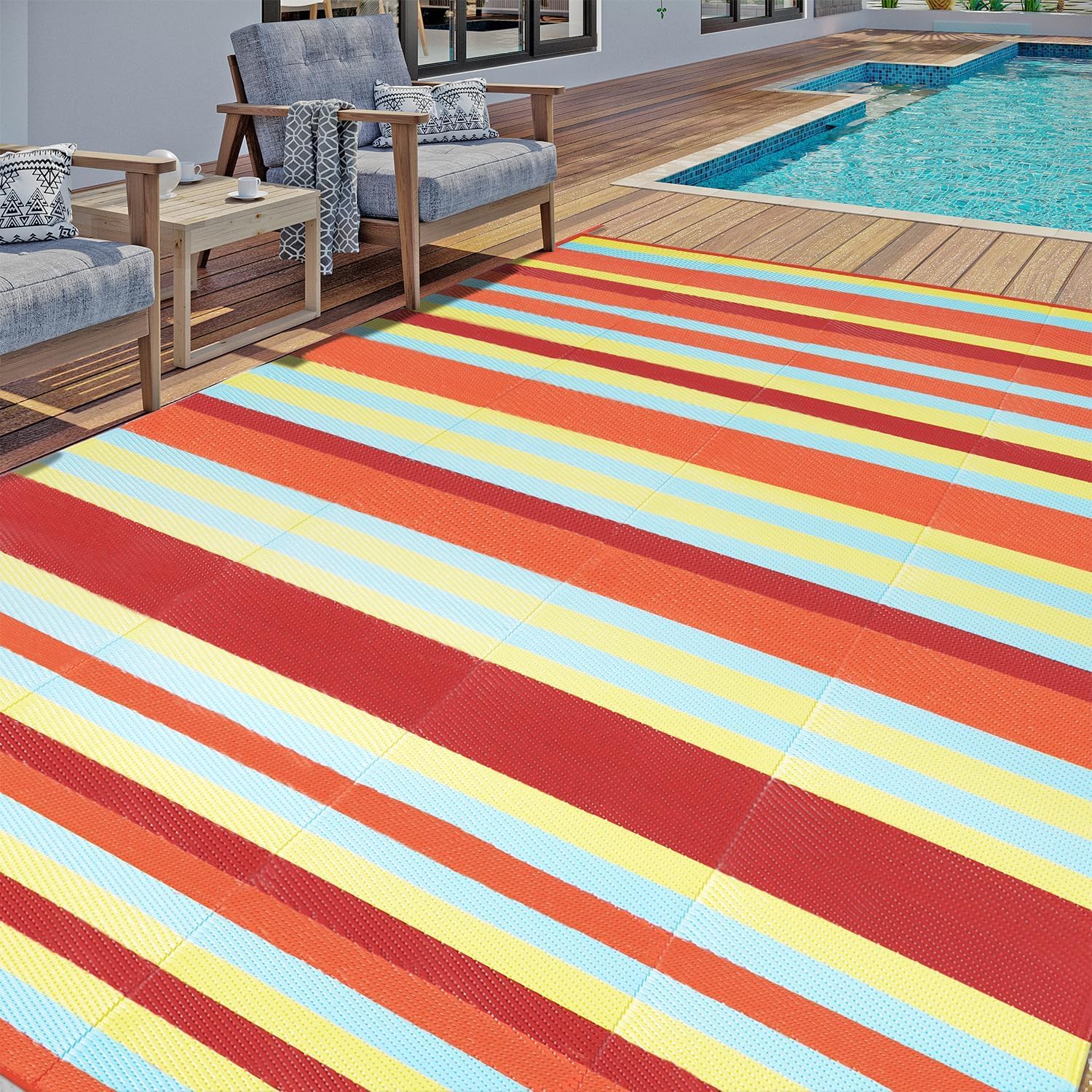 Outdoor Rug for Patios Clearance,Waterproof Mat,Large Outside Carpet,Reversible Plastic Straw Camping Rugs,Rv,Porch,Deck,Camper,Balcony,Backyard (5x8,Checkered/Black\u0026Beige)